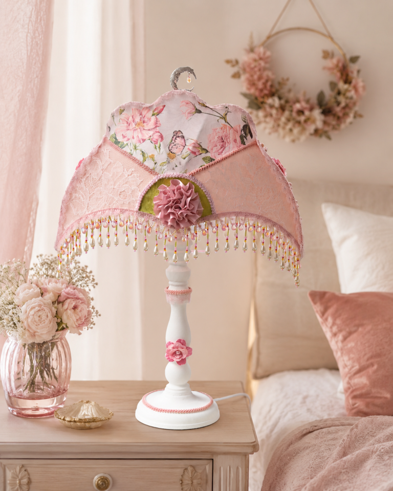 lampe de table , abat jour couture rose poudré, création unique évoquant l'ambiance digne des grandes chroniques anglaises.